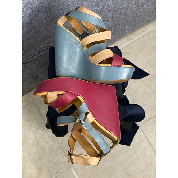 Kork-Ease Shoes - Kork-Ease Colorblock Leather Wedge Sandals Multicolor Strappy Platform‎ Heels 6